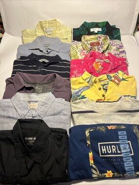 Lot of 12 Mens Shirts Size L Polo Hawaiian Style Eddie Bauer Tommy Bahama Hurley